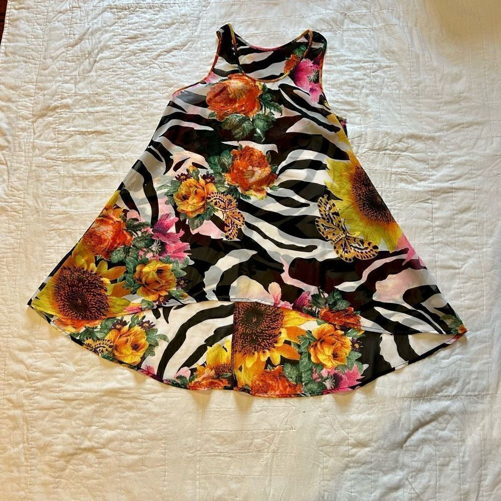 Zebra flower multi print sheet polyester tank mini dress cover up small